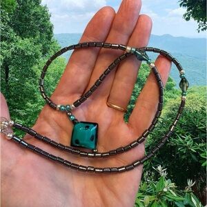 Handmade Black Hematite  bead with Teal pendant Necklace